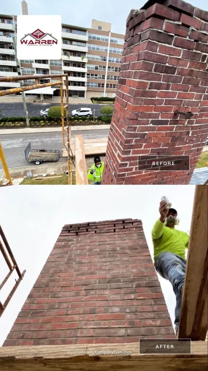 Two photos of a brick chimney on a rooftop, with a person working beside it. Two photos of a brick chimney on a rooftop, with a person working beside it.